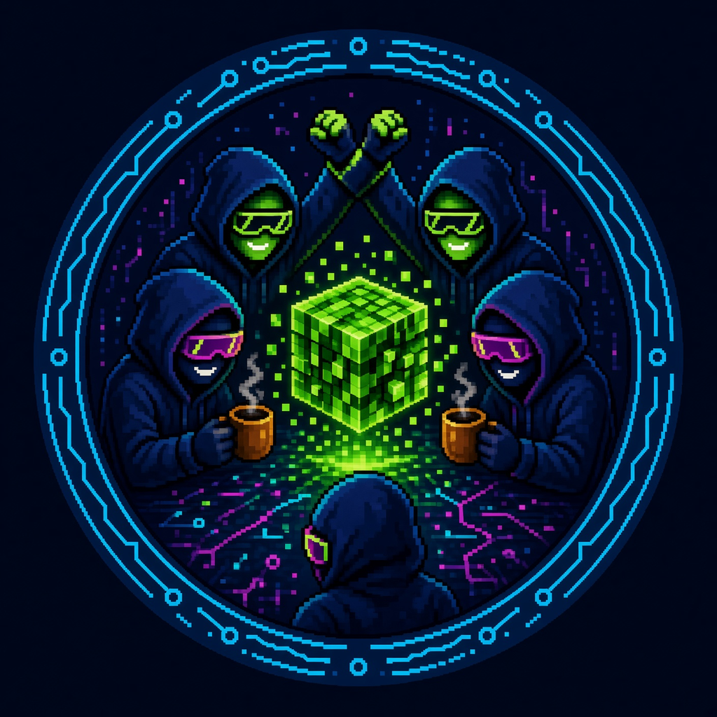 Five hooded builders around a glowing green cube, two with coffee, two bumping fists.
